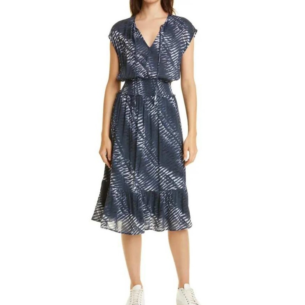 RAILS Ashlyn Shibori Print Split Neck Midi Dress Blue Sundress Large